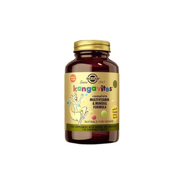 A bottle of Solgar's Kangavites Tropical Punch Children's (3+) Multivitamin and Mineral Formula, featuring 60 chewable tablets with natural flavors, suitable for vegans, and designed with a kangaroo on the label.